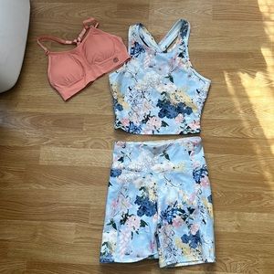 3 piece workout set! Brand New! Size Small shorts, top, & sports bra. 🌸